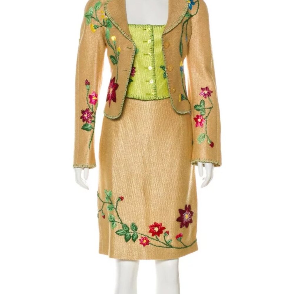 Moschino Couture Italian Gold Linen Lined 3 Piece Skirt Suit Top Jacket USA 10 - Picture 4 of 13